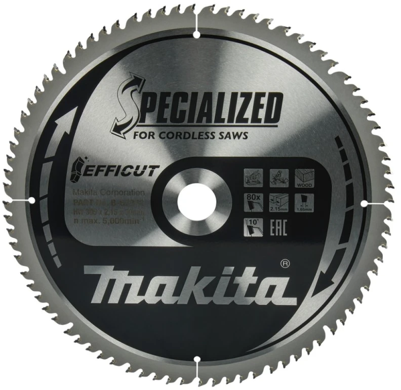 Makita T.C.T. pjūklas EFFICUT 305X2.15X30mm 10° T80 B-67262 T.C.T • 305 x30 mm • T80 • 10° • Medienai