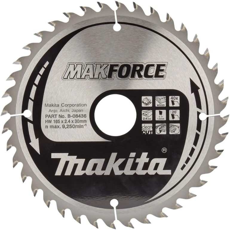 Makita T.C.T. pjūklas MAKFORCE 165X2.4X30mm 20° T40 B-08436 T.C.T • 165 x30 mm • T40 • 20° • Medienai