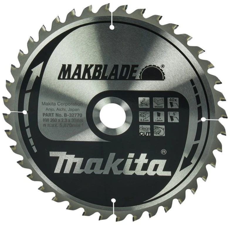 Makita T.C.T. pjūklas MAKBLADE 260X2.3X30mm 5° T40 B-32770 T.C.T • 260 x30 mm • T40 • 5° • Medienai