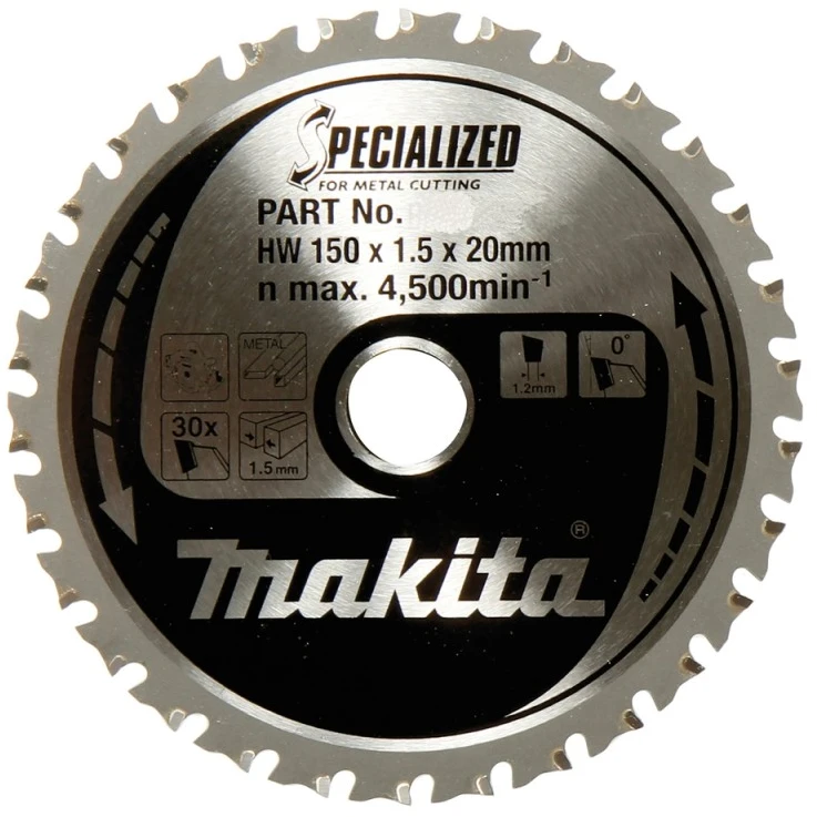 Makita T.C.T. pjūklas SPECIALIZED 150X1.6X20mm 0° T52 B-47189 T.C.T • 150 x20 mm • T52 • 0° • Aliuminiui