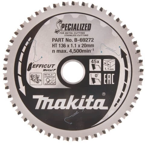 Makita T.C.T. pjūklas EFFICUT METAL 136X1.1X20mm 0° T45 B-69272 T.C.T • 136 x20 mm • T45 • 0° • Metalui/Nerūd. plienui