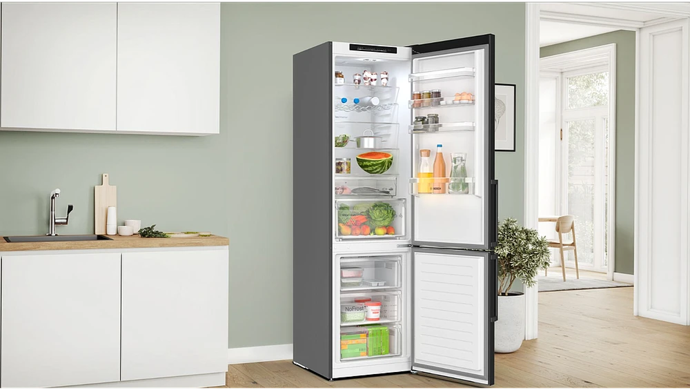 Bosch KGN39VXCT Serija 4, Laisvai statomas šaldytuvas-šaldiklis su šaldiklio skyriumi apačioje, 203 x 60 cm, Juodas šlifuotas plienas, atsparus pirštų atspaudams