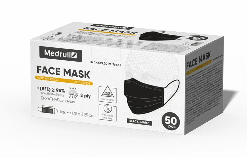 Medrull MEDICININĖS kaukės veidui (3 sluoksnių), 50 vnt., JUODOS