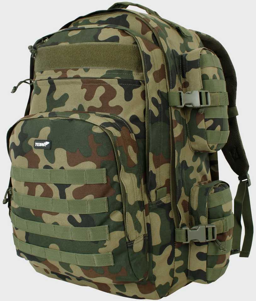 Turistinis kuprinė Grizzly 65L, Texar, atspari vandeniui, atsegama nugarėlė su kilimėlio (karimatos) funkcija, su angomis vandens gėrimo sistemai (camelback), PL Camo / Wz.93 kamufliažas