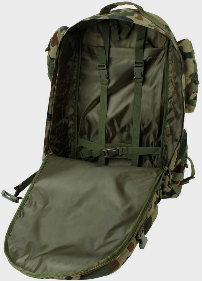 Turistinis kuprinė Grizzly 65L, Texar, atspari vandeniui, atsegama nugarėlė su kilimėlio (karimatos) funkcija, su angomis vandens gėrimo sistemai (camelback), PL Camo / Wz.93 kamufliažas