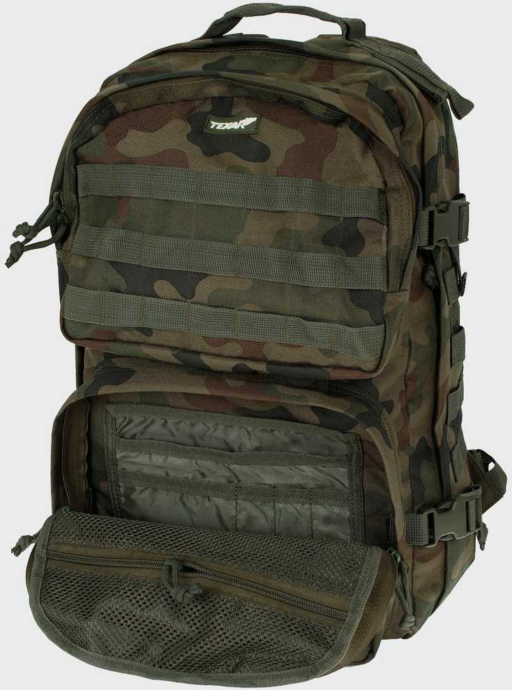 Turistinis kuprinė SCOUT 35L, Texar, su standžiu nugaros pagrindu, molle sistema ir suspaudimo diržais, PL Camo / Wz.93 kamufliažas