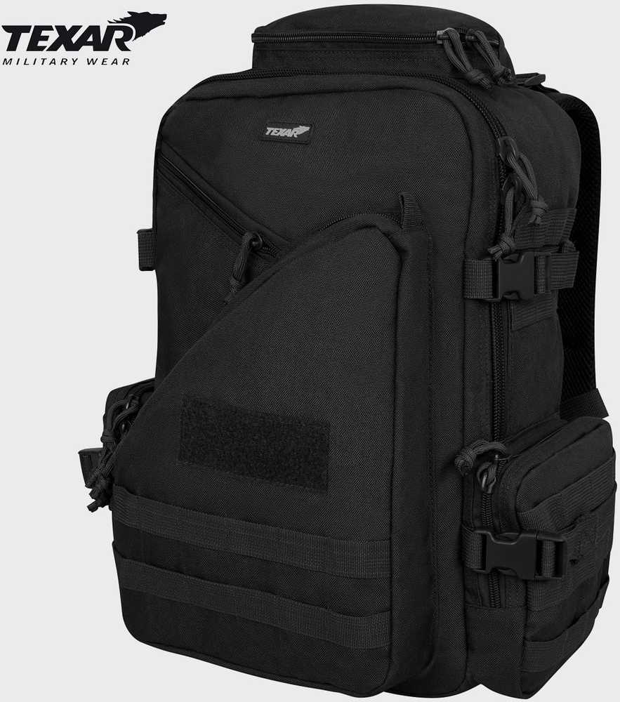 Turistinis kuprinė URBAN 33L, Texar, 7 kišenės, kvėpuojanti nugara ir petnešos, molle sistema ir suspaudimo diržai, velcro lipdukai, juoda