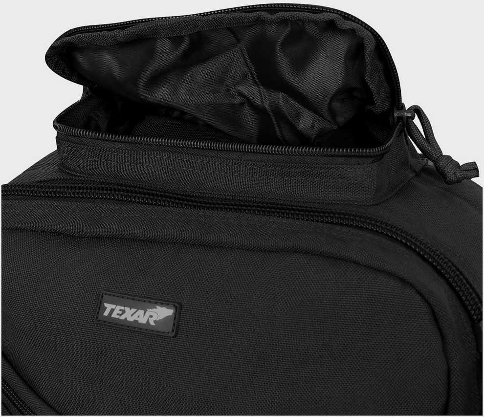 Turistinis kuprinė URBAN 33L, Texar, 7 kišenės, kvėpuojanti nugara ir petnešos, molle sistema ir suspaudimo diržai, velcro lipdukai, juoda