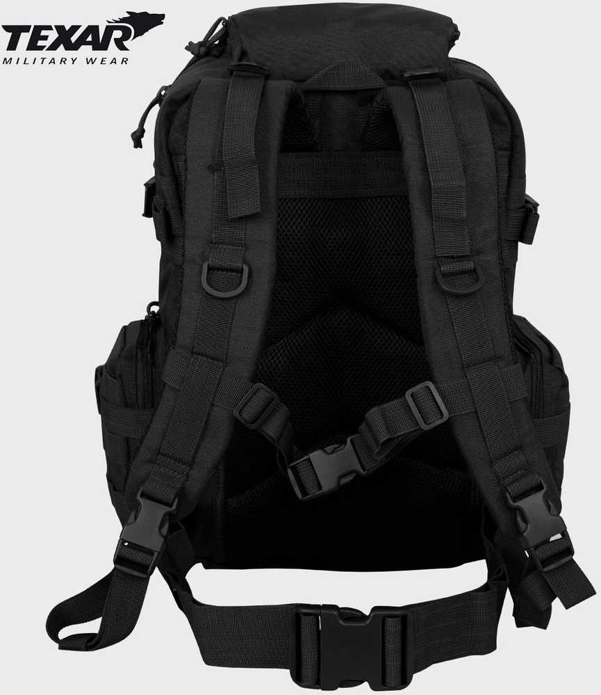 Turistinis kuprinė URBAN 33L, Texar, 7 kišenės, kvėpuojanti nugara ir petnešos, molle sistema ir suspaudimo diržai, velcro lipdukai, juoda