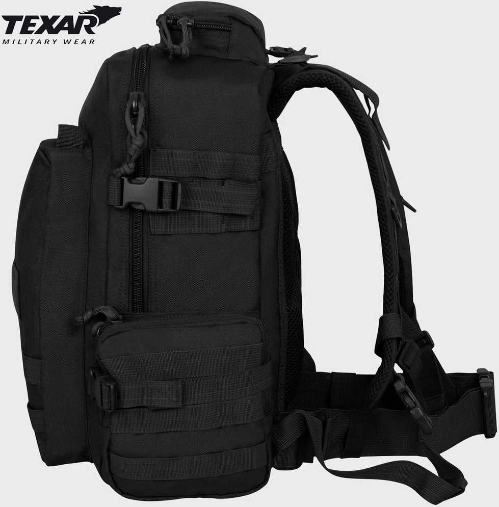 Turistinis kuprinė URBAN 33L, Texar, 7 kišenės, kvėpuojanti nugara ir petnešos, molle sistema ir suspaudimo diržai, velcro lipdukai, juoda