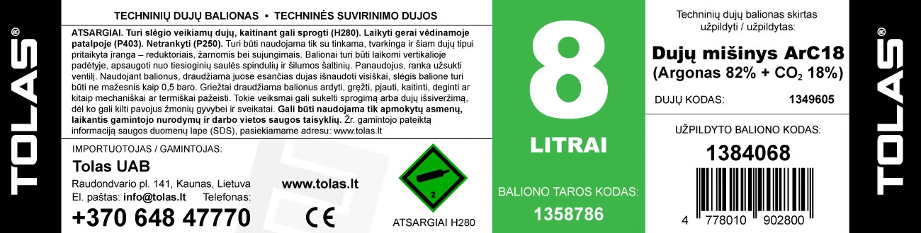 Tolas Gas Dujų balionas (EURO PH 300 BAR) (MIX ArC18) (užpildytas Gaschema dujomis) - 8 aprašymas - Prekės nuotrauka