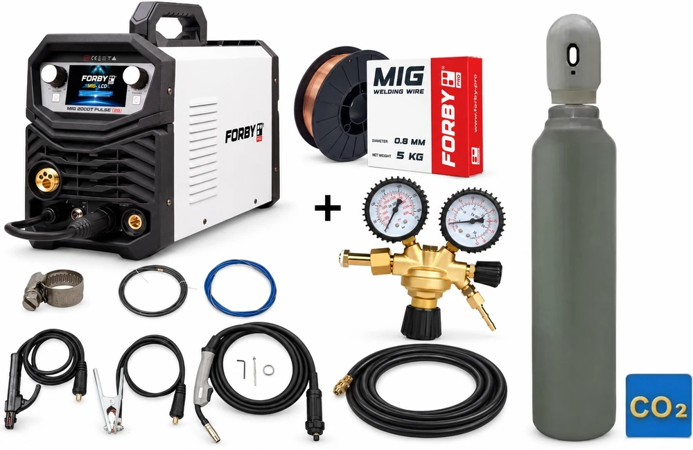 Pusautomačio KOMPLEKTAS FORBY® MIG 200PT LCD pulse (200A - 60%) (sinergetinis) + CO2 balionas 8l su priedais