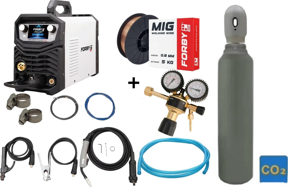 Pusautomačio KOMPLEKTAS FORBY® MIG 200PT LCD pulse (200A - 60%) (sinergetinis) + CO2 balionas 8l su priedais