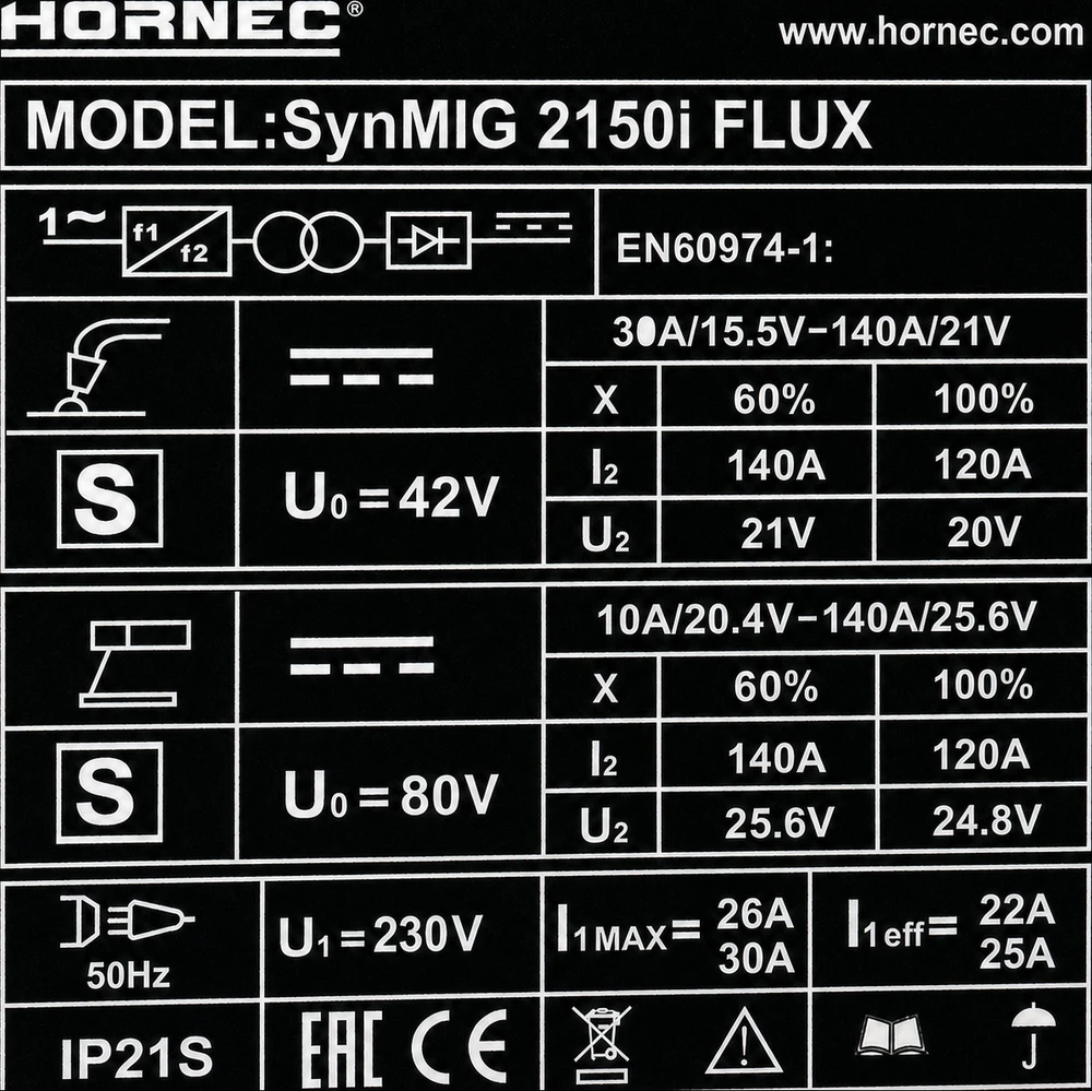 Suvirinimo aparatas HORNEC® smart SynMIG 2150i FLUX (be dujų)