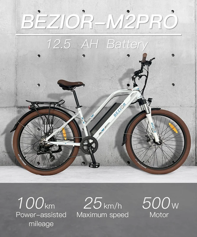 Elektrinis dviratis Bezior M2 Pro, 26", 500W, 12,5Ah, baltas