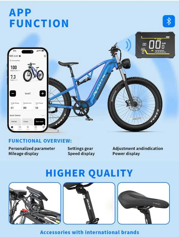 Elektrinis dviratis DUOTTS E26 Hybrid, 26", 750W, 20Ah SAMSUNG, mėlynas