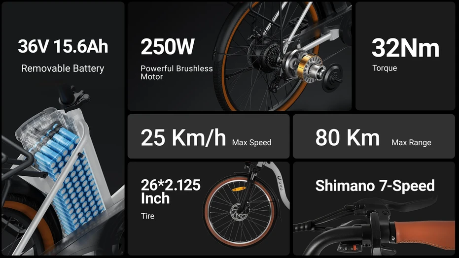 Elektrinis dviratis DYU C6 PRO, 26", 250W, 15,6Ah, baltas
