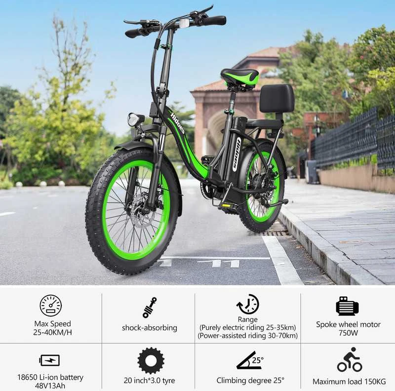 Elektrinis dviratis Hidoes C1, 20", 750W, 13Ah, juodas/žalias