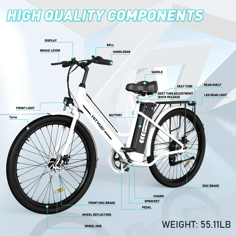 Elektrinis dviratis Hitway BK8S, 26", 250W, baltas
