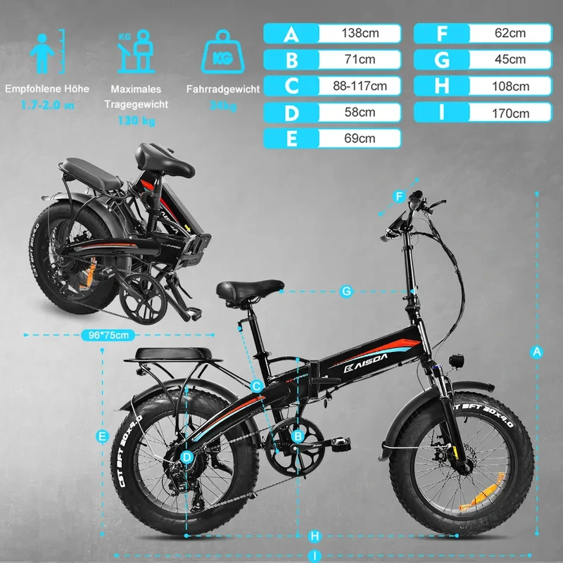 Elektrinis dviratis Kaisda K2-P-PRO, 20", 750W, 15Ah, juodas