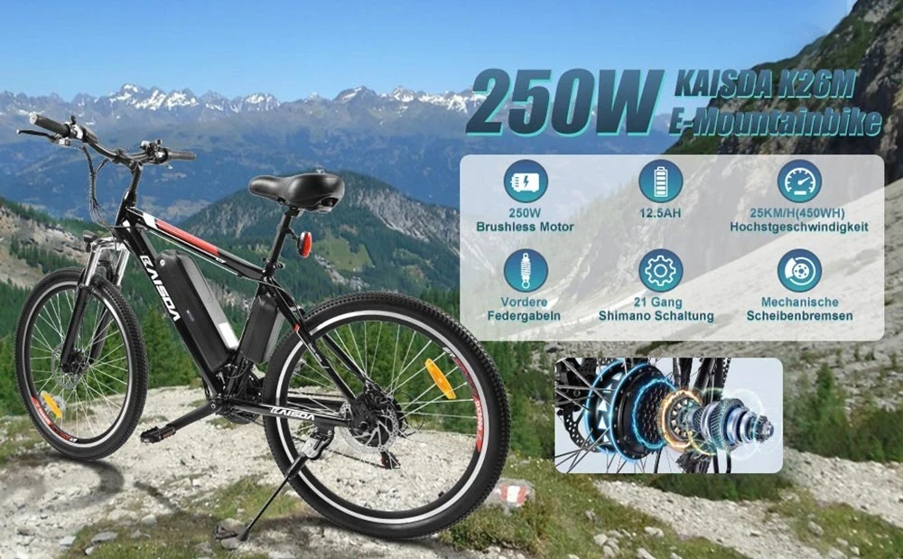 Elektrinis dviratis Kaisda K26M 26", 250W, 12,5Ah, juodas