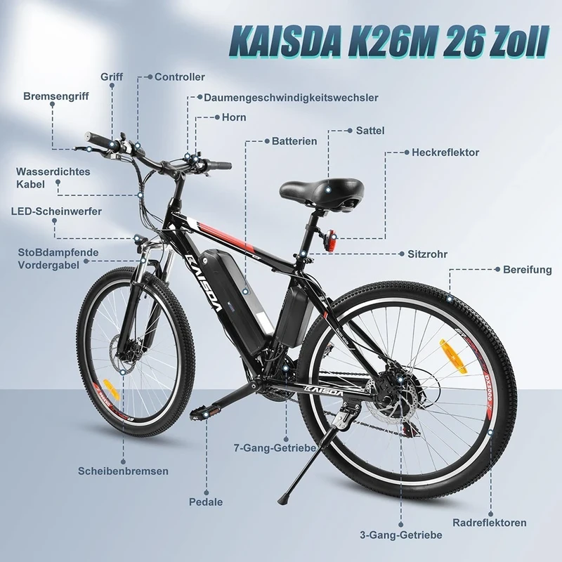 Elektrinis dviratis Kaisda K26M 26", 250W, 12,5Ah, juodas