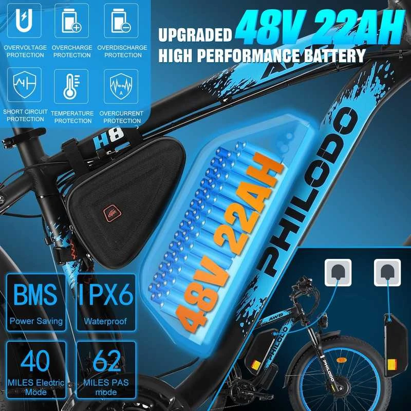 Elektrinis dviratis PHILODO H8 AWD, 26", 22Ah, juodas