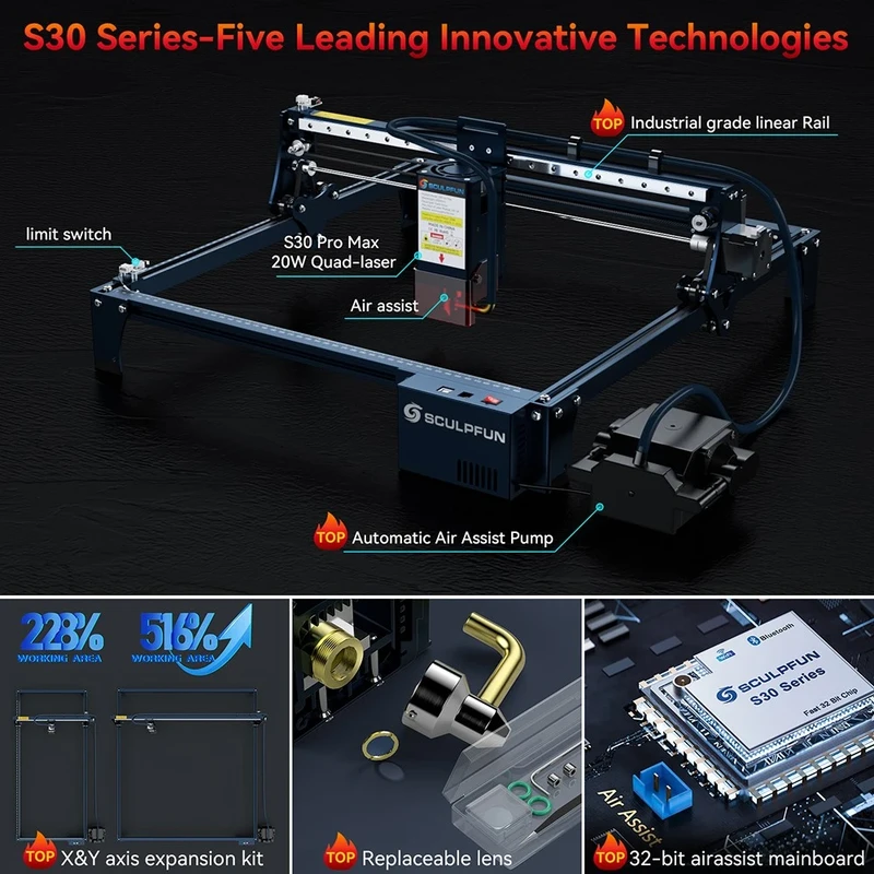 Lazerinės pjovimo staklės Sculpfun S30 Pro Max 20W