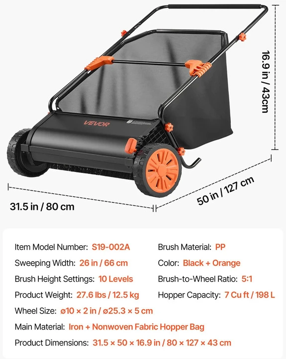 VEVOR Stumiamas vejos šluotuvas 66 cm su surinkimo krepšiu