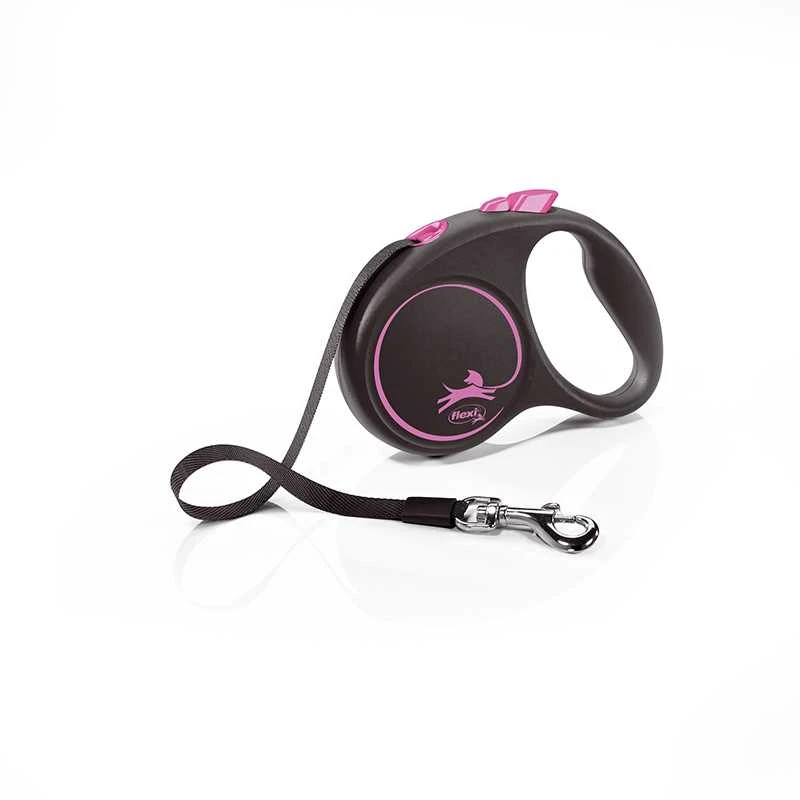 Flexi Black Design S pavadėlis šunims iki 15kg juostinis 5m rožinės spalvos