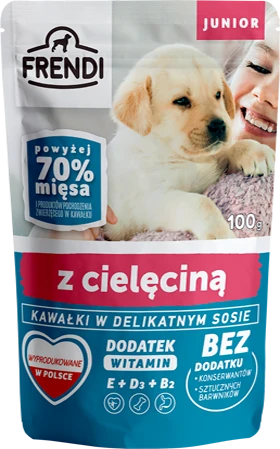 FRENDI Junior Gabaliukai subtiliame padaže su veršiena – Šlapias Maistas šunims – 100 g