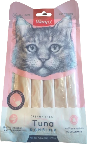 wanpy - Wanpy kreminis, laižomas kačių skanėstas - tunas ir krevetės 70 g (5 x 14 g) - 70 g (5 x 14 g)