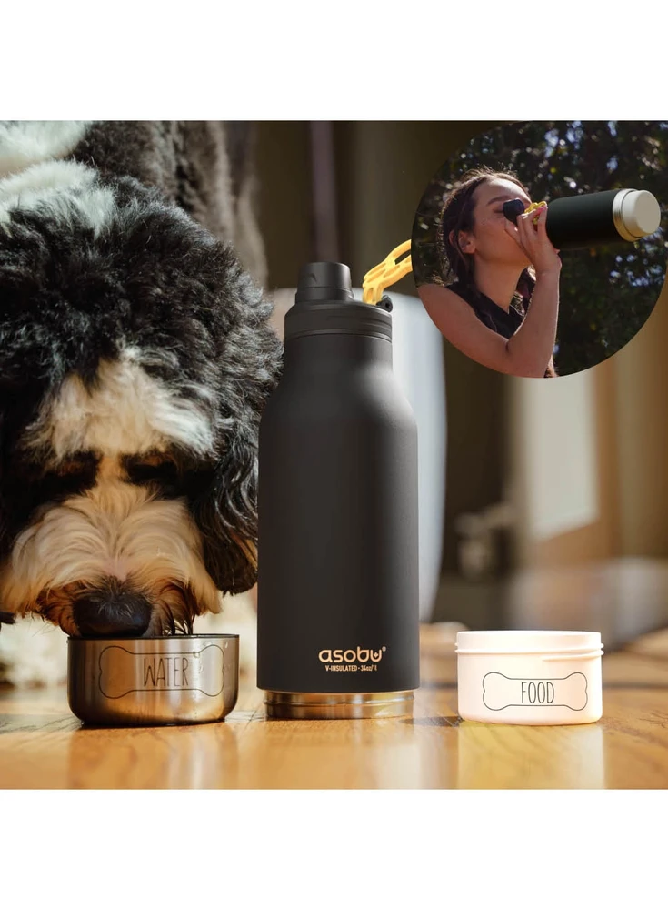 Gertuvė Asobu – Dog Bowl Buddy – nerūdijančio plieno butelis su 2 juodais dubenėliais