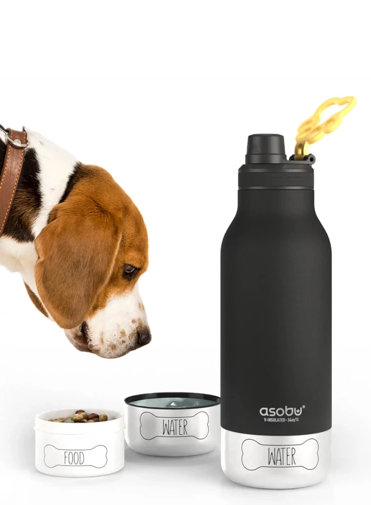 Gertuvė Asobu – Dog Bowl Buddy – nerūdijančio plieno butelis su 2 juodais dubenėliais