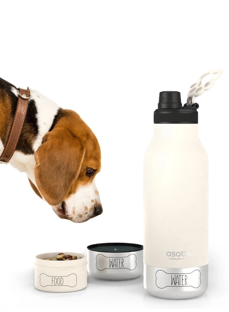 Asobu – Dog Bowl Buddy – nerūdijančio plieno butelis su 2 dubenėliais baltos spalvos