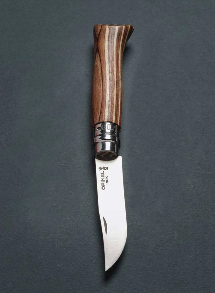 Peilis Opinel Nr.8 Laminated Brown nerūdijančio plieno ašmenimis ir ruda beržo rankena