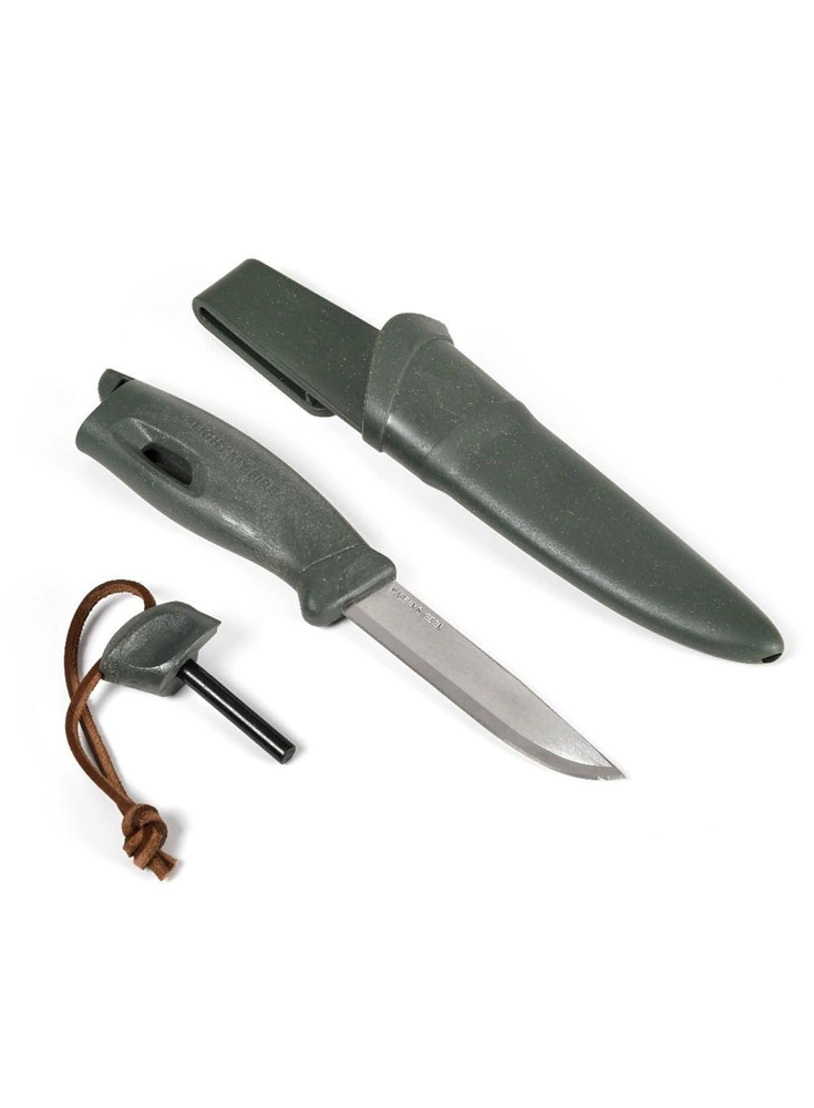 Carruzzo Morakniv "Light My Fire FireKnife" žalios spalvos peilis su akmenukais