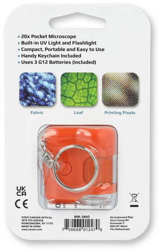 Carson MicroMini 20x kišeninis mikroskopas su UV spinduliais ir LED žibintuvėliu