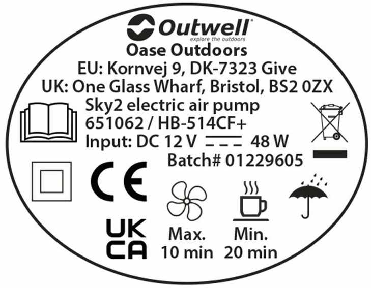 Outwell elektrinė pompa Sky2, 12V/230V