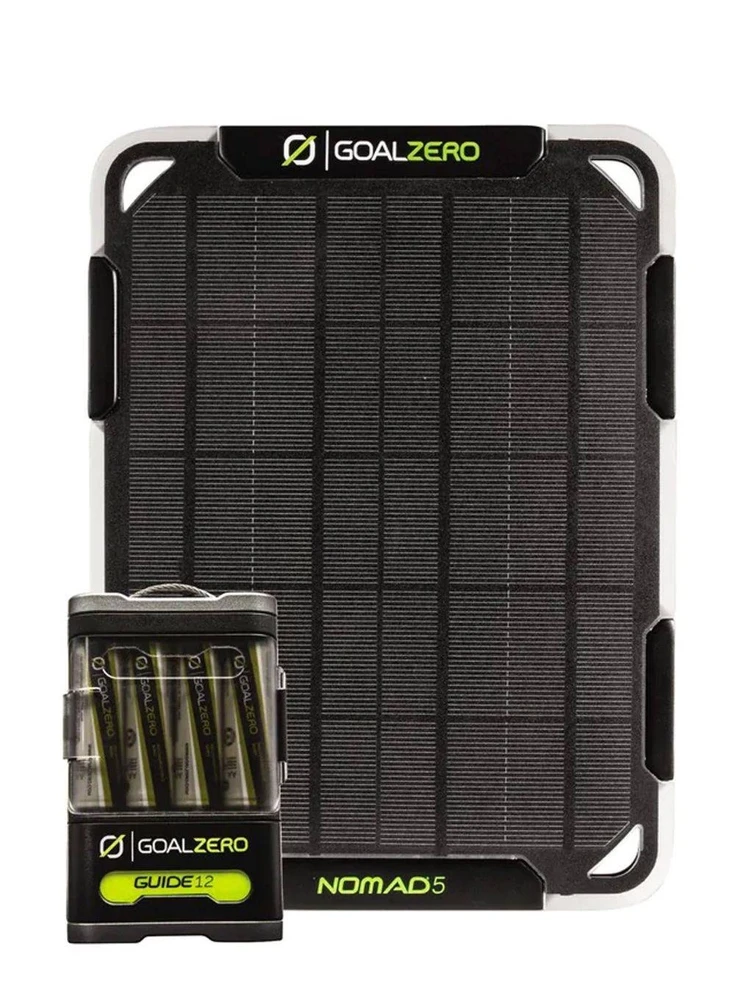 Goalzero „Goal Zero GUIDE 12“ + „NOMAD 5“, juoda, žalia, skaitmeninis fotoaparatas, žibintuvėlis, mobilusis telefonas / išmanusis telefonas, planšetinis kompiuteris, CE, FCC, nikelio-metalo hidrido (NiMH), 2500 mAh, saulės energija varomas, USB