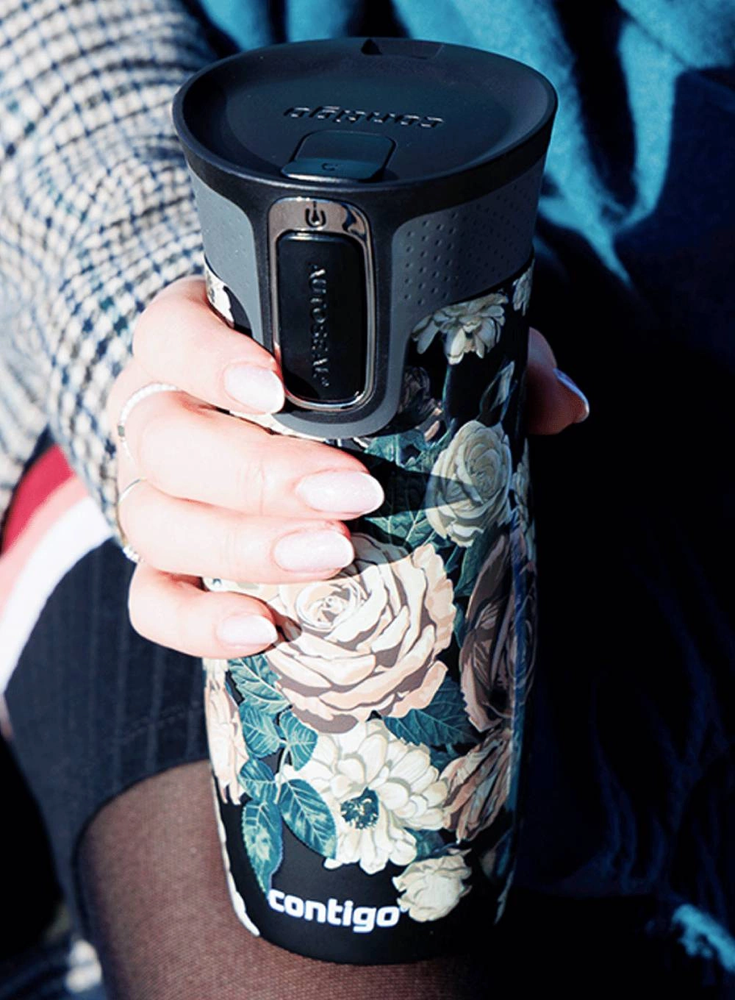 Termo puodelis Contigo West Loop 2.0 470 ml „Glamour Gėlės – Juodas”