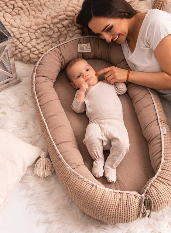 Baby Matex Kūdikio lizdelis, medvilnės muslino ir vaflinio audinio, pozicionavimo pagalvė, 55x80 cm, hipoalerginis užpildas, nešiojama lovelė kūdikiui, kokonas kūdikiui