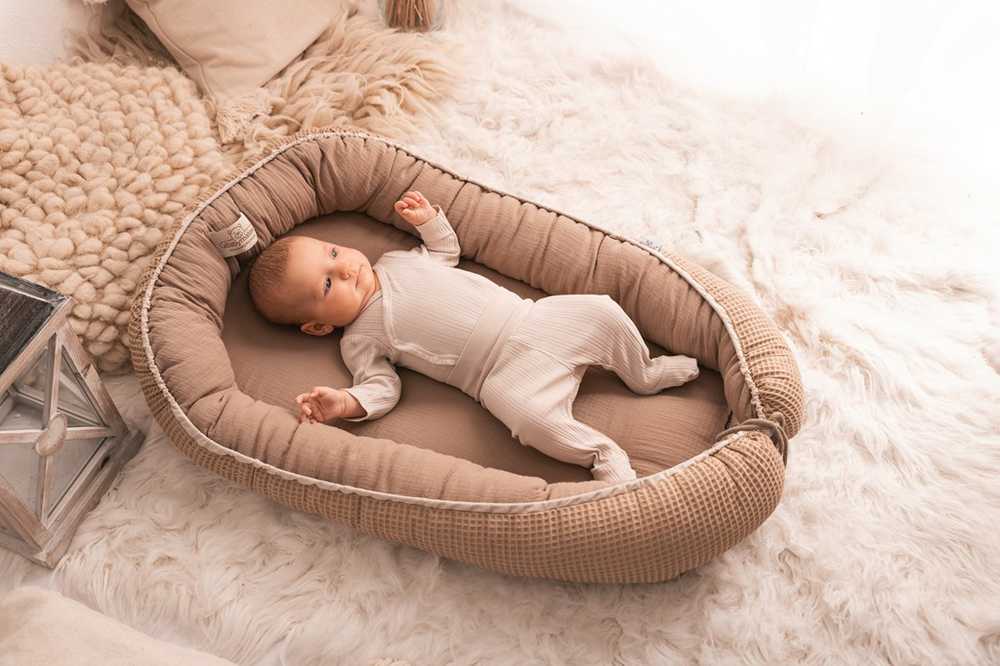 Baby Matex Kūdikio lizdelis, medvilnės muslino ir vaflinio audinio, pozicionavimo pagalvė, 55x80 cm, hipoalerginis užpildas, nešiojama lovelė kūdikiui, kokonas kūdikiui