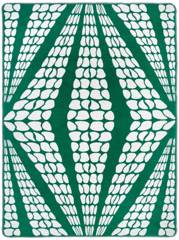 Medvilninis akrilinis pledas 150x200 cm, Geometrinė lelija žalia, nertas kraštas, dvipusis lovos užtiesalas, minkšta antklodė