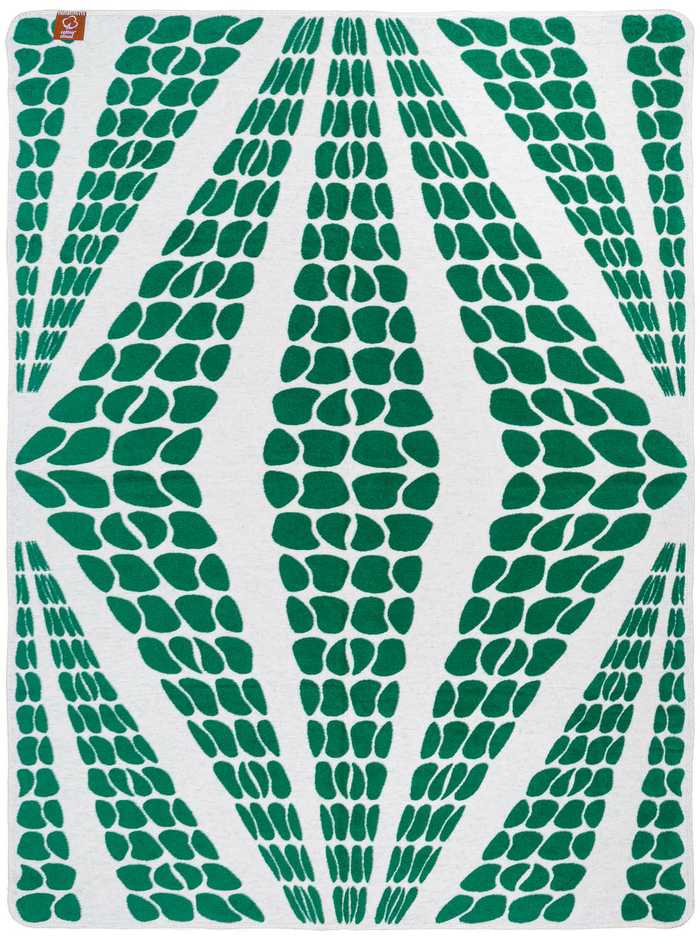 Medvilninis akrilinis pledas 150x200 cm, Geometrinė lelija žalia, nertas kraštas, dvipusis lovos užtiesalas, minkšta antklodė