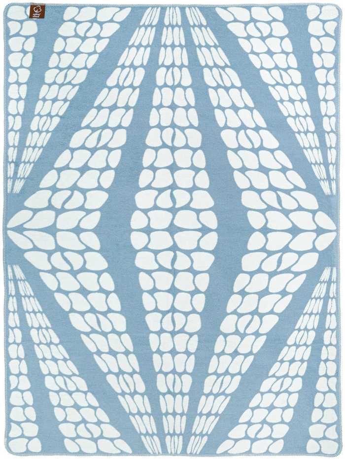 Medvilninis-akrilinis pledas, geometrinis lelijų raštas, mėlynas, 150x200 cm, dvipusis, nėriniuota apdaila, jaukus užtiesalas lovai
