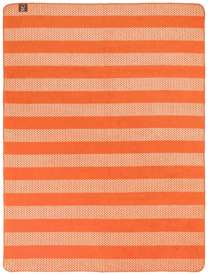 Medvilninis-akrilinis pledas, 150x200 cm, šiltas ir minkštas, dvipusis su nertu kraštu, oranžinis zigzago raštas, universalus užtiesalas svetainei, jauki lovažiestė
