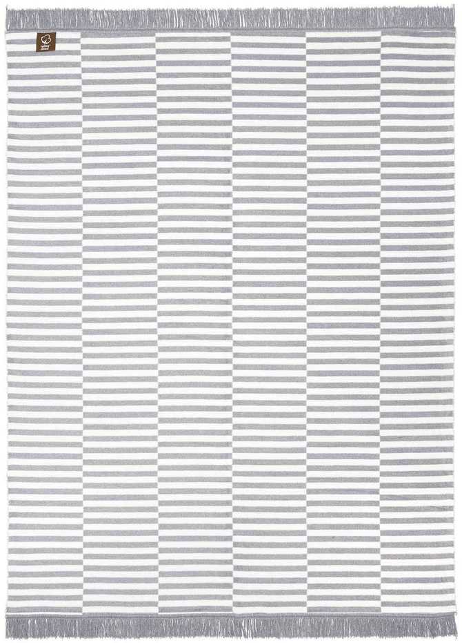 Medvilninis akrilo pledas 150x200 cm, šiltas ir minkštas, dvipusis, su kutais, paplūdimio juostų raštas, pilkas užtiesalas lovai