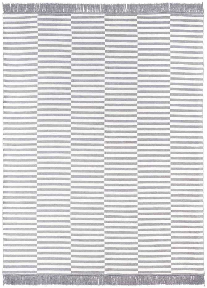 Medvilninis akrilo pledas 150x200 cm, šiltas ir minkštas, dvipusis, su kutais, paplūdimio juostų raštas, pilkas užtiesalas lovai