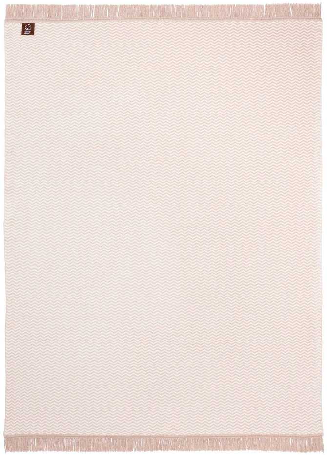 Medvilninis-akrilinis pledas, 150x200 cm, smėlio spalvos zigzago raštas, kraštai su kutais, dvipusis užtiesalas, jaukus namų aksesuaras, minkšta lovažiestė
